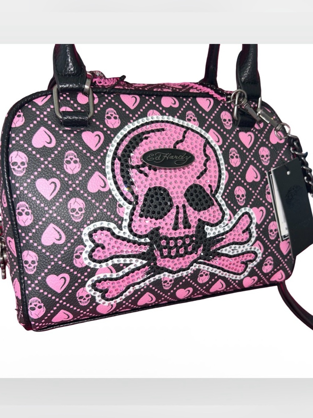 ED HARDY BLACK & PINK BLING RHINESTONE  PURSE W/ SKULLS & HEARTS IN DIAMONDS NWT